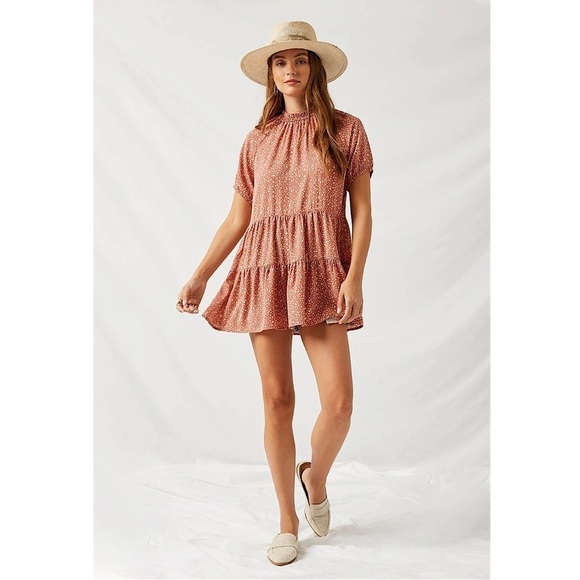 Hayden Los Angeles High Neck Tiered Tunic Top Pink Lightweight Smocked Size S - Picture 11 of 12